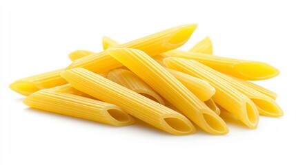 A close-up of uncooked penne pasta on a white background.