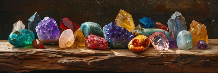 Tranquil scene with colorful gemstones and healing crystals on a wooden table, promoting spiritual
