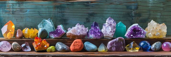 Tranquil scene with colorful gemstones and healing crystals on a wooden table, promoting spiritual