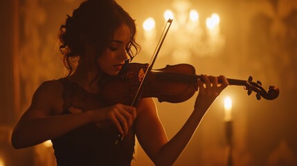 Fototapeta premium A woman is playing the violin in a dark room