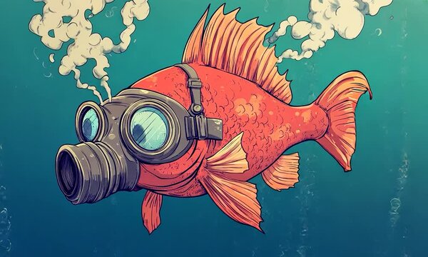 2D cartoon illustration depicting a red fish wearing a gas mask to represent environmental pollution