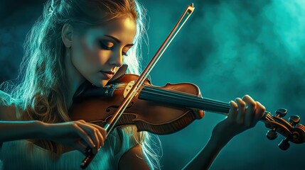 Fototapeta premium A woman is playing the violin in a dark room