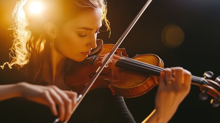 Fototapeta premium A woman is playing the violin in a dark room