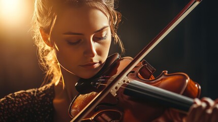 Fototapeta premium A woman is playing the violin in a dark room
