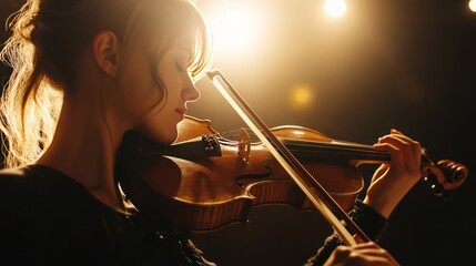 Fototapeta premium A woman is playing the violin in a dark room