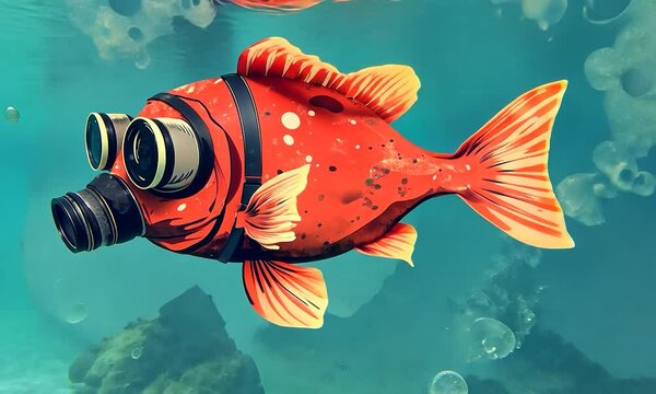 2D cartoon illustration depicting a red fish wearing a gas mask to represent environmental pollution