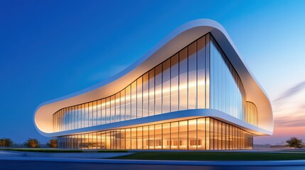 Contemporary building with smooth curves and large glass windows, warmly lit from within, set against a twilight sky.
