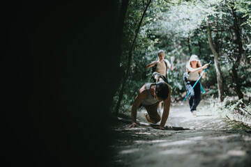 Two hikers helping a friend who tripped during a hike in a lush forest, conveying support, adventure, and camaraderie.