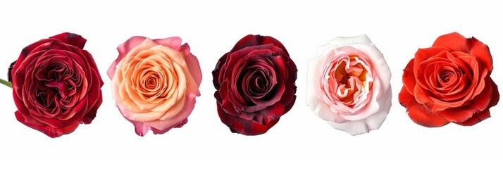 Isolated on white, five different types of roses are showcased with clipped path, highlighting