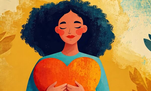 2D cartoon illustration depicting a woman embracing a heart symbolizing self acceptance and self love reflecting positive psychology optimism and mental well being