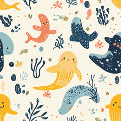 Obraz premium Seamless underwater pattern featuring cute marine animals in pastel colors.