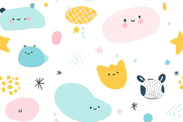 Playful pattern with cartoonish clouds and other cute elements in pastel shades.