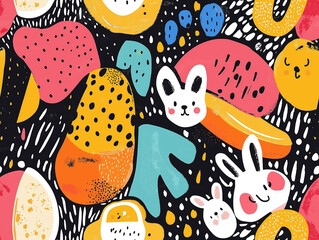Bright abstract design featuring playful rabbits and geometric shapes, combining organic forms with bold colors and a whimsical touch.
