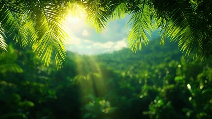 Obraz premium Lush green leaves frame a vibrant jungle scene, illuminated by soft sunlight filtering through the canopy.