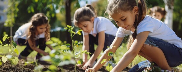 Fototapeta premium Children cultivating plants outdoors under sunny weather