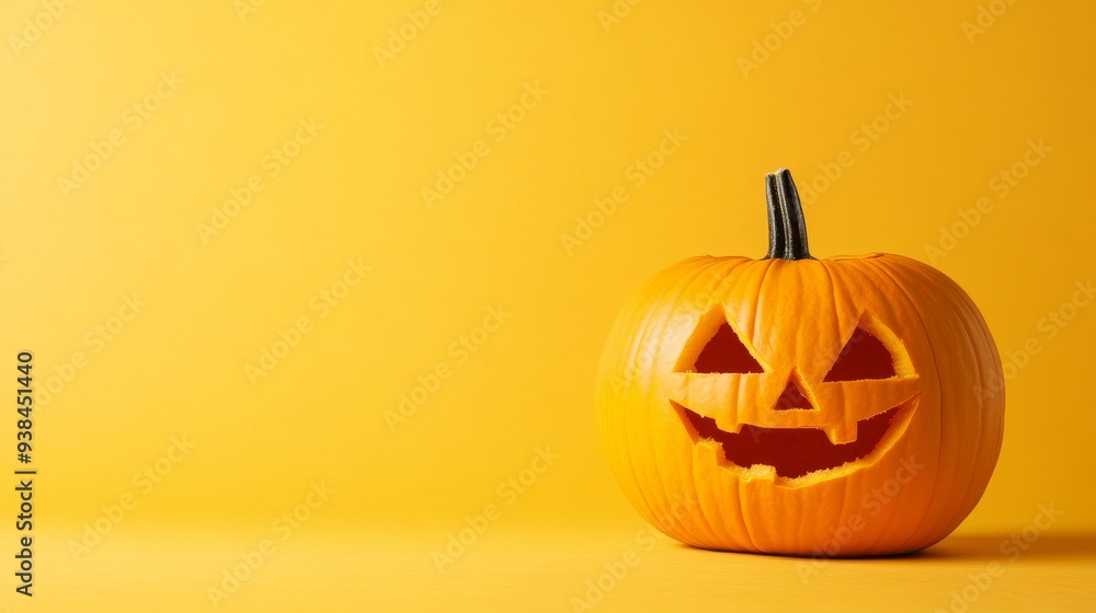 Wall mural a yellow background highlights an autumnal carving of a pumpkin with a cheerful expression.