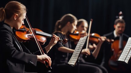 A woman is playing the violin while a man plays the cello.