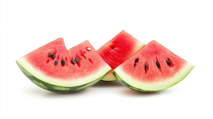 Three slices of watermelon with red flesh and black seeds, isolated on a white background.