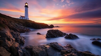 Majestic white lighthouse on a rocky coast at sunrise.