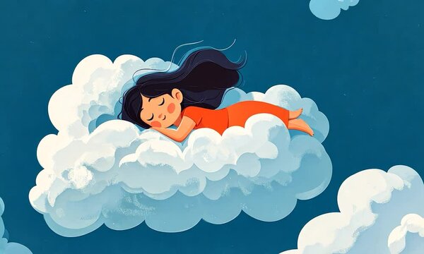 2D cartoon illustration of a girl peacefully drifting off to sleep atop a fluffy cloud