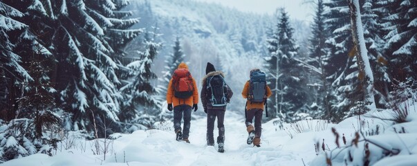 Group of friends hiking through a wintery forest in snow