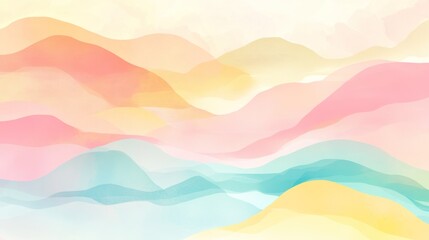 A colorful painting of mountains and hills with a blue and pink sky