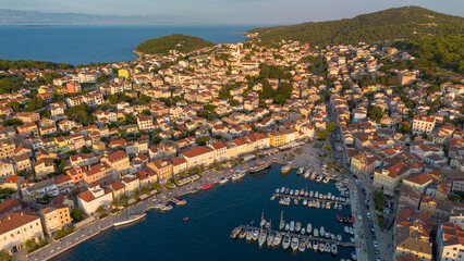 Aerial view of Mali Losinj with the setting sun, Croatia