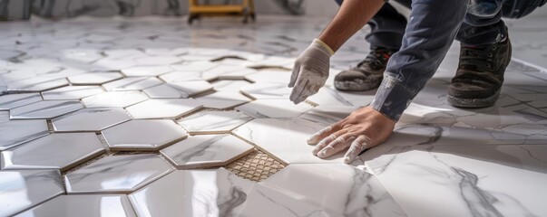 Worker installing large white hexagonal kitchen tiles.