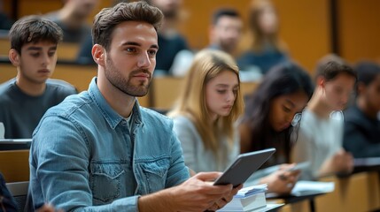 A man is reading a tablet in a classroom with other people around him.