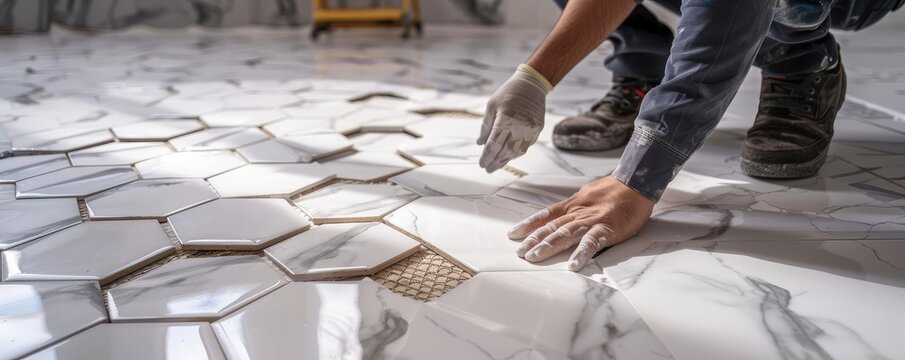 Worker installing large white hexagonal kitchen tiles.