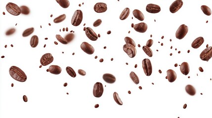 Coffee beans falling on a white background.