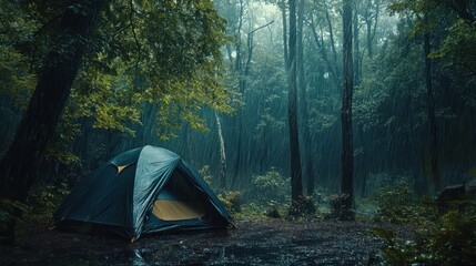 A black tent is sitting in the rain in a forest.