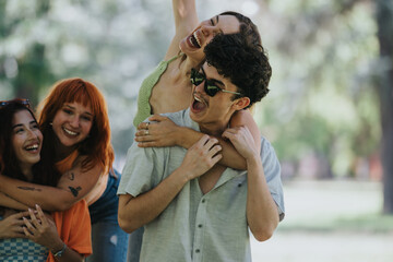 Vibrant image of young adults enjoying a sunny day in the park. They are laughing, embracing, and...