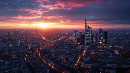 Obraz premium A city skyline with a beautiful sunset in the background.