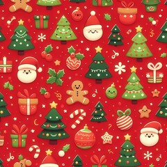 Celebrate the holiday spirit with this vibrant Christmas-themed pattern featuring festive icons like Santa, trees, gifts, and ornaments, perfect for seasonal designs.