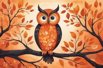 Fototapeta premium Aquarelle Hibou ou chouette perchée, aquarelle d'automne, branche et fond automnal tons orange. 