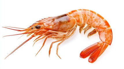 A close-up of a single, cooked shrimp isolated on a white background.