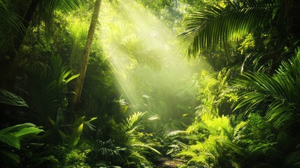 A lush green jungle with a bright yellow sun shining through the trees.