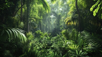 A lush green jungle with a bright yellow sun shining through the trees.