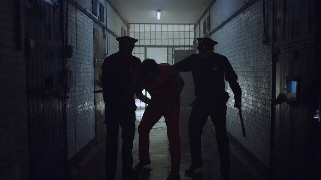 Two policemen taking prisoner to his cell in jail