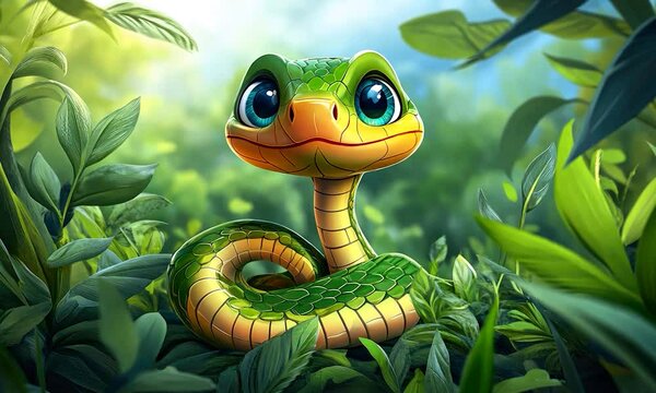 2D cartoon illustration of an adorable snake preparing to strike