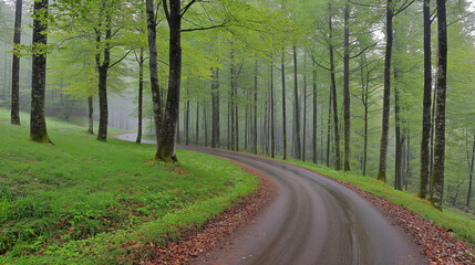 Obraz premium Serene Winding Road Through Misty Forest: A tranquil winding road snakes its way through a lush forest shrouded in mist, evoking a sense of peace and mystery. The vibrant green foliage and soft light 