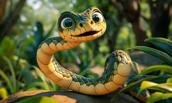 2D cartoon illustration of an adorable snake preparing to strike