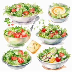Watercolor illustration of six different salad bowls with fresh ingredients.