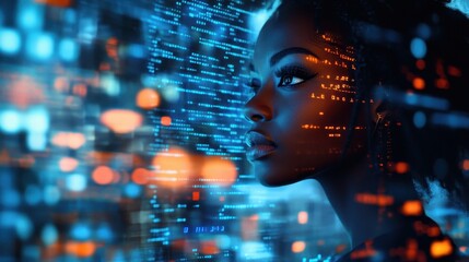 Futuristic cyber security visualization with African American woman and glowing information
