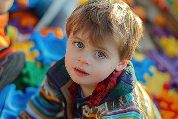 Fototapeta premium Portrait of a child with autism playing with colorful building blocks, deeply focused and happy