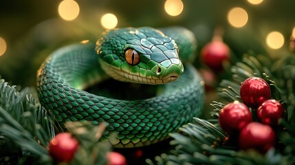 Fototapeta premium A Green Wooden Snake, holiday composition for happy and joy celebrate New Year, black bokeh background