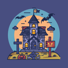 Halloween background with castle, pumpkins and bats. Vector illustration.