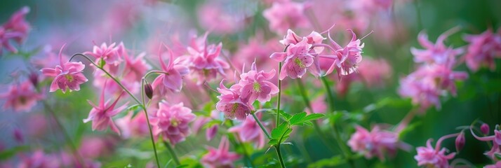 Pink fluffy flowers of the Siberian columbine meadow rue, Thalictrum aquilegiifolium, in a garden setting.