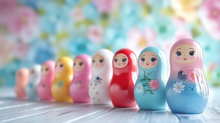 Colorful nesting dolls arranged on a white wooden surface with a blurred background of flowers.